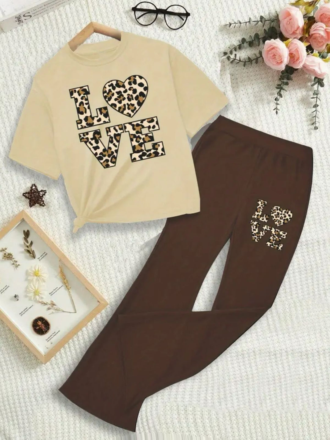 BEIGE BROWN LOVE WIDE LEG SUMMER SET