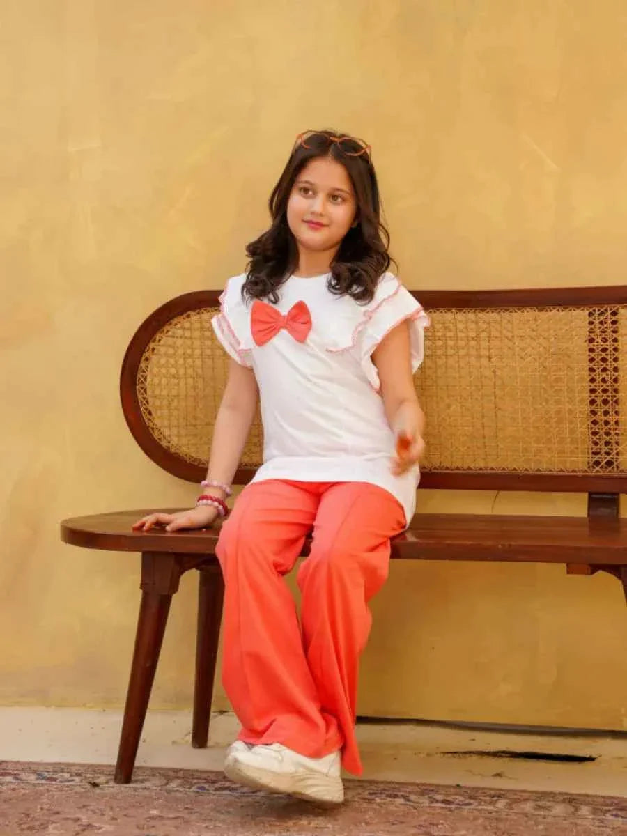 PEACH BOW TOP & FLARED TROUSER