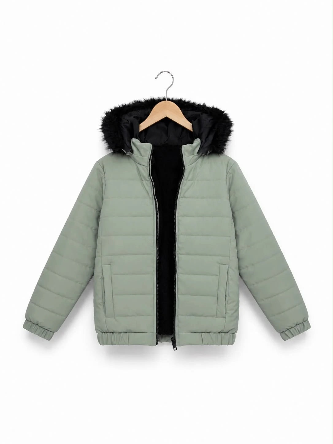 SEA GREEN FUR PUFFER JACKET