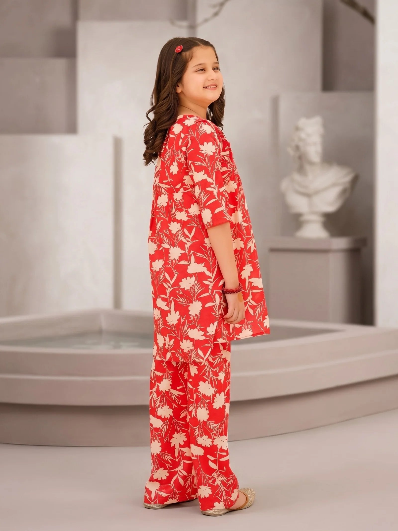 RED FLORAL COTTON LAWN SET