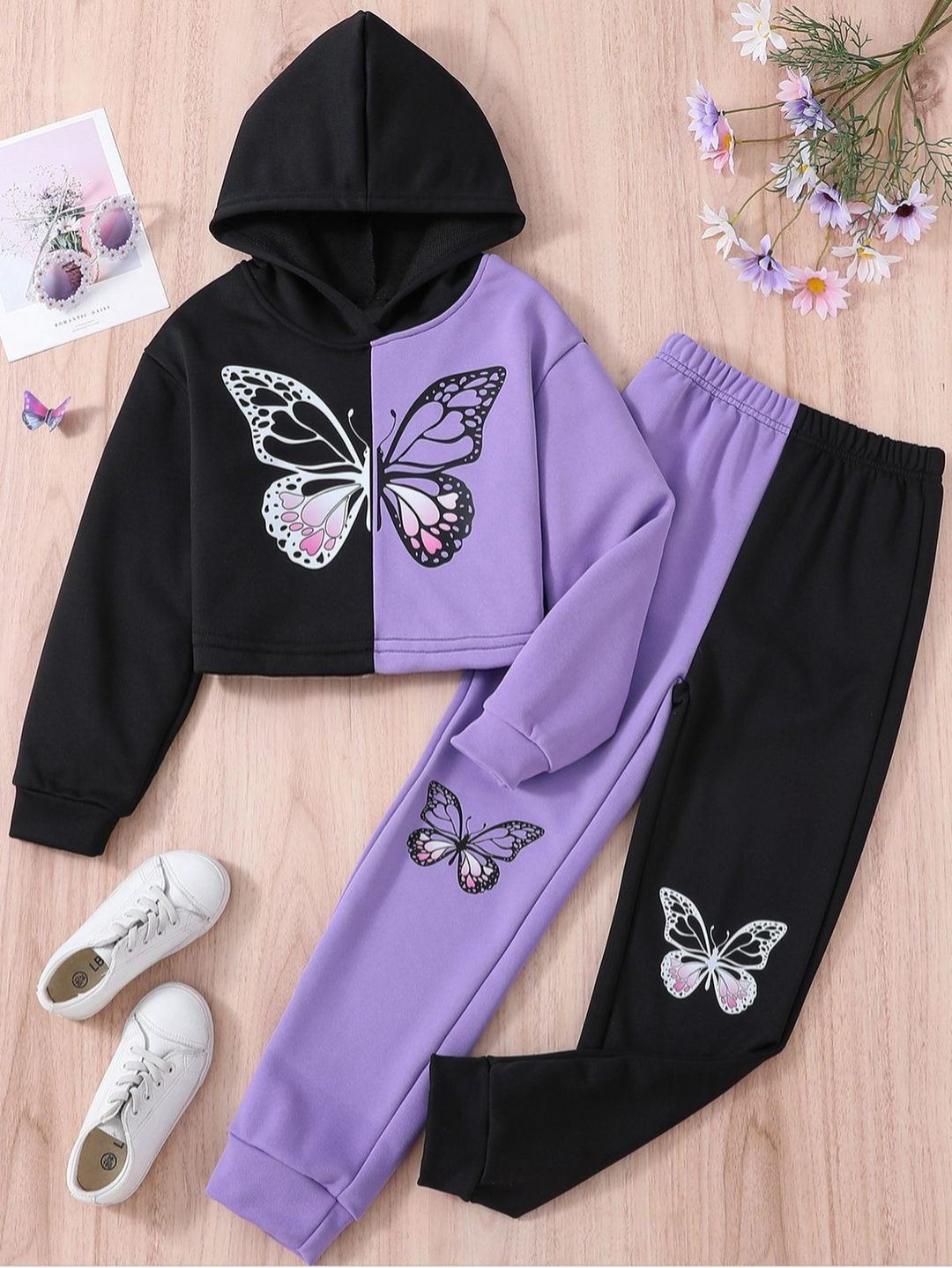 BLACK PURPLE PANNEL BUTTERFLY FLEECE PAIR