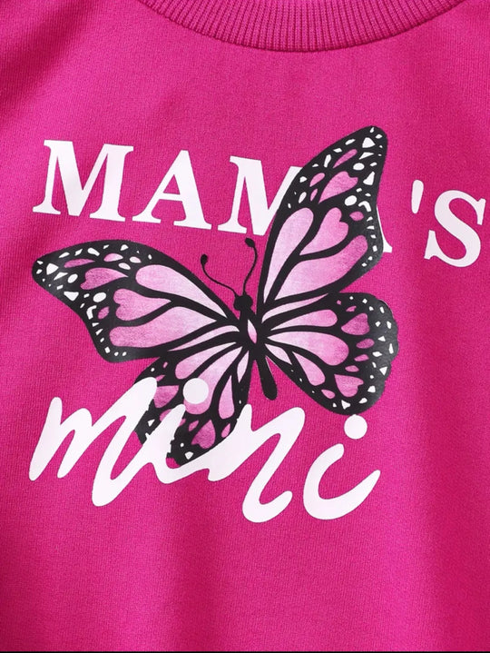 HOT PINK MAMA’S MINI BUTTERFLY PRINT ON SLEEVES SWEATSHIRT