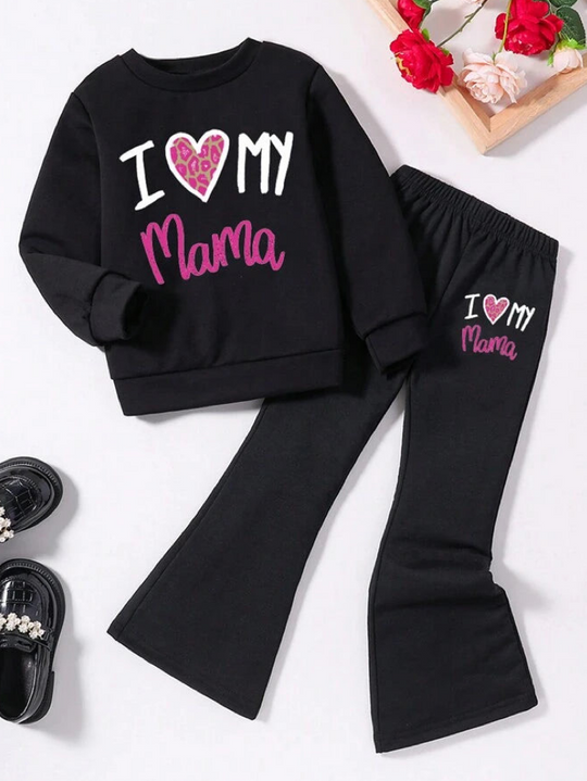 BLACK I LOVE MAMA WIDE LEG FLEECE PAIR