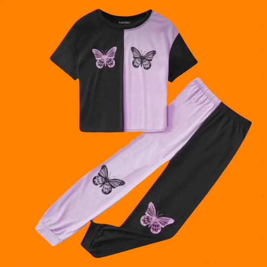 BLACK PURPLE BUTTERFLY TROUSER SET