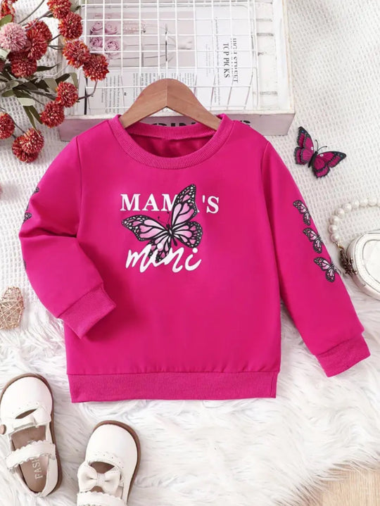 HOT PINK MAMA’S MINI BUTTERFLY PRINT ON SLEEVES SWEATSHIRT