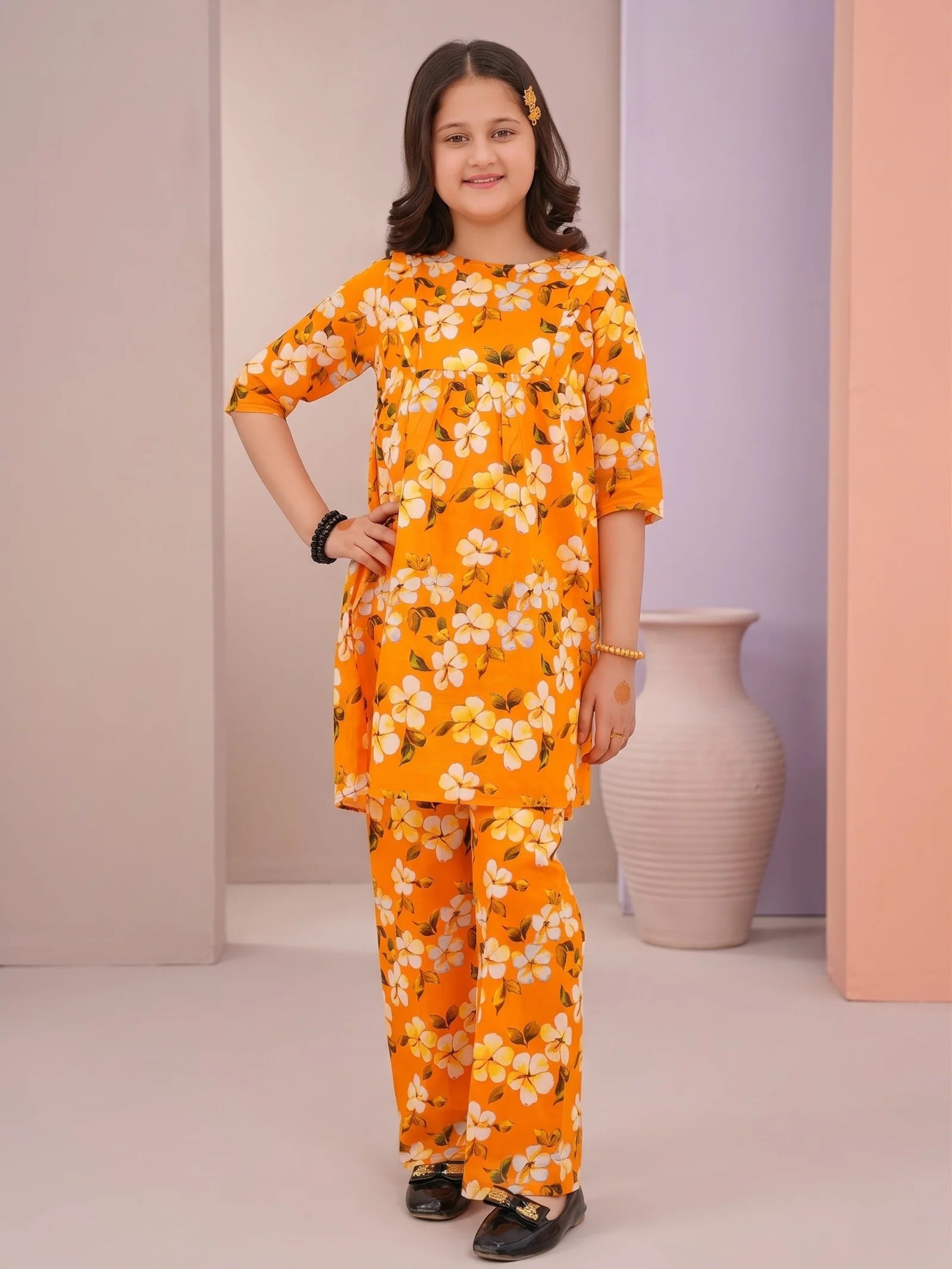 ORANGE FLORAL COTTON LAWN SET