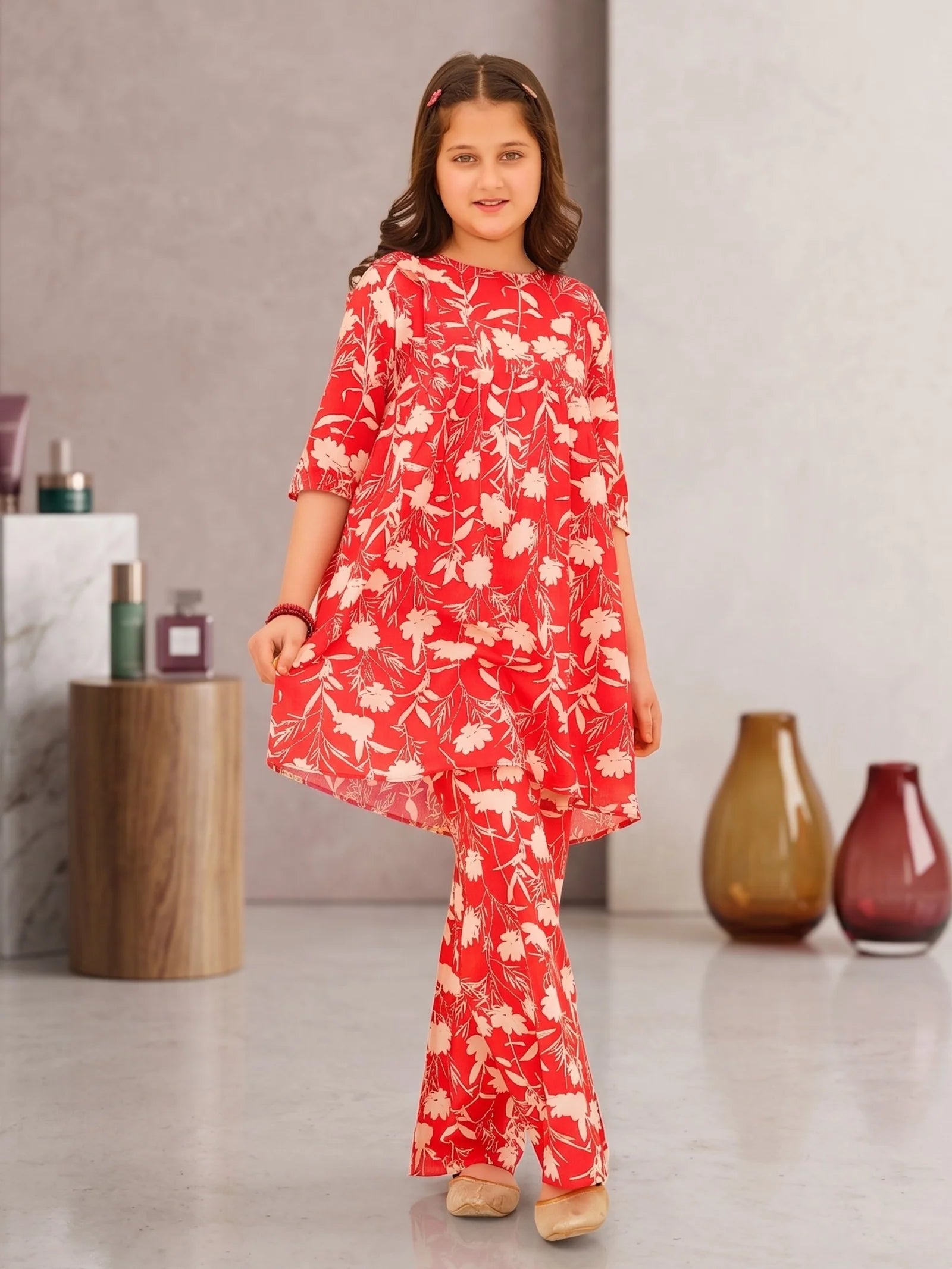 RED FLORAL COTTON LAWN SET