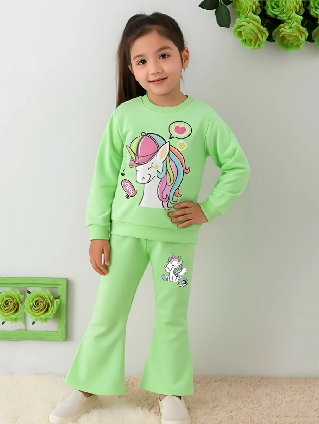 GREEN UNICORN WIDE LEG FLEECE PAIR