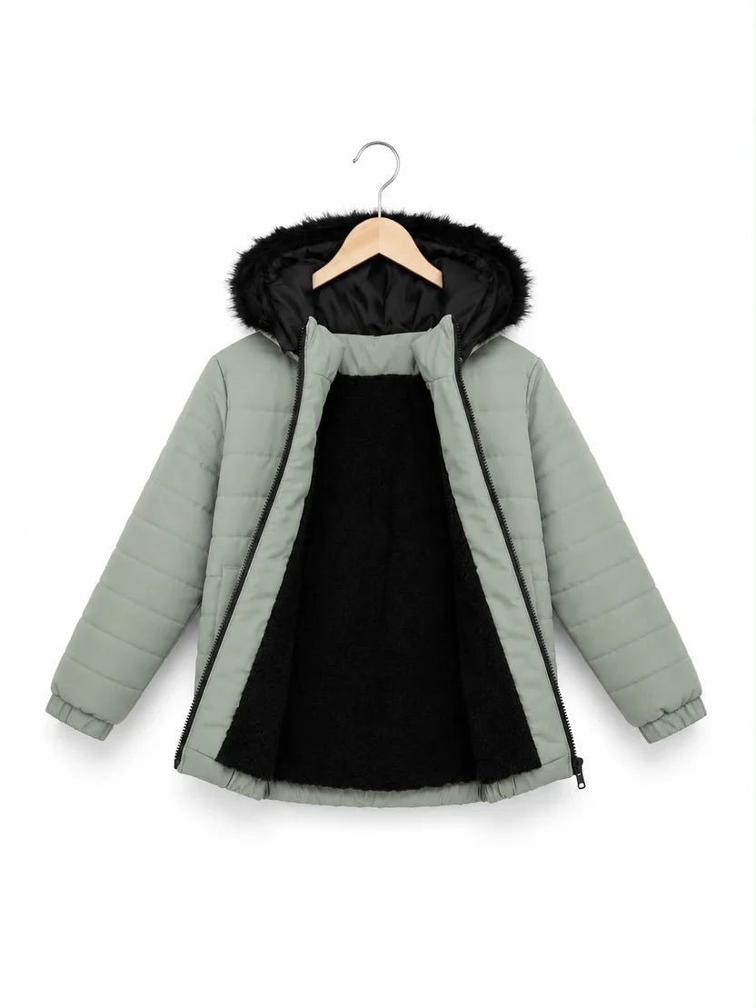 SEA GREEN FUR PUFFER JACKET