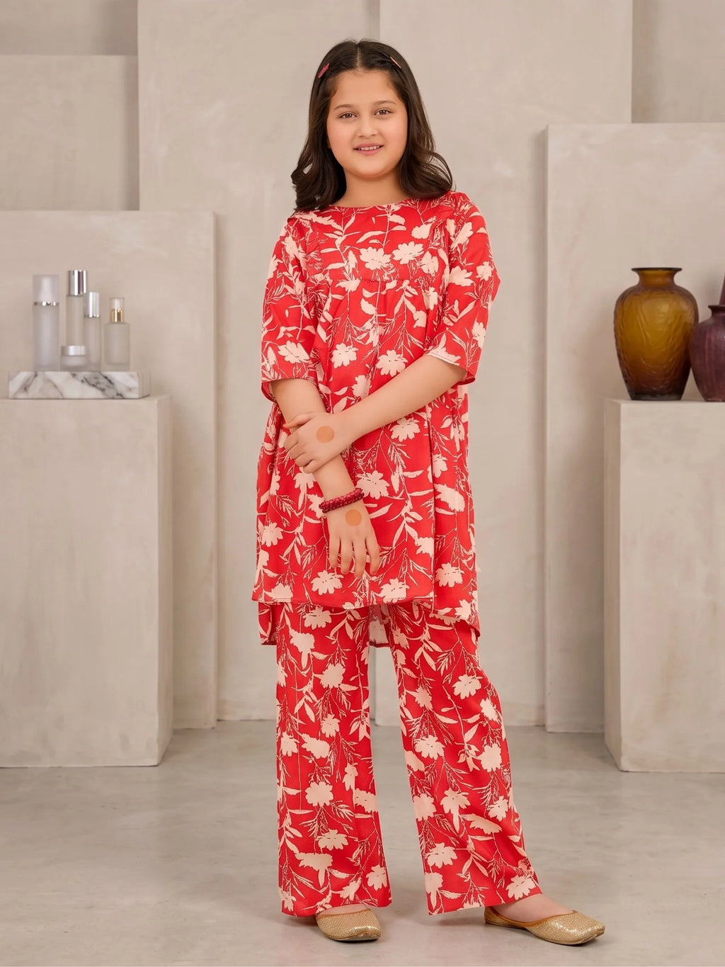 RED FLORAL COTTON LAWN SET