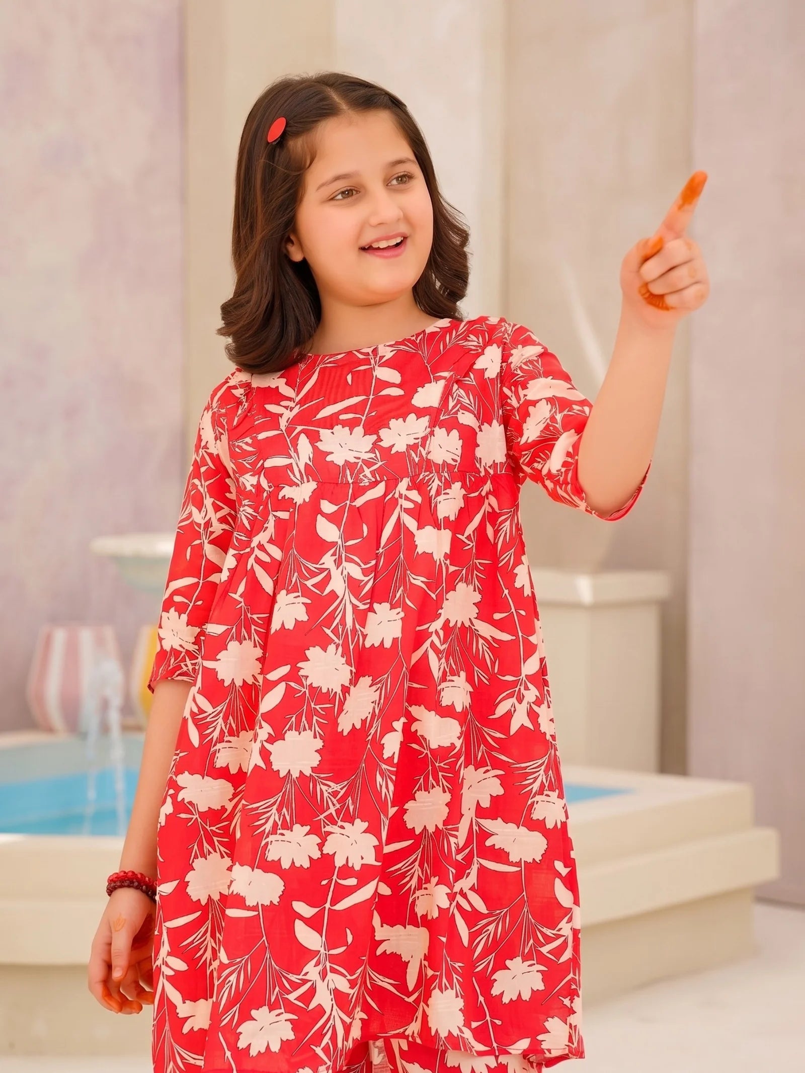 RED FLORAL COTTON LAWN SET