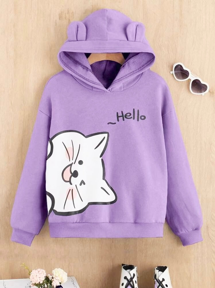 PURPLE HELLO CAT FLEECE HOODIE